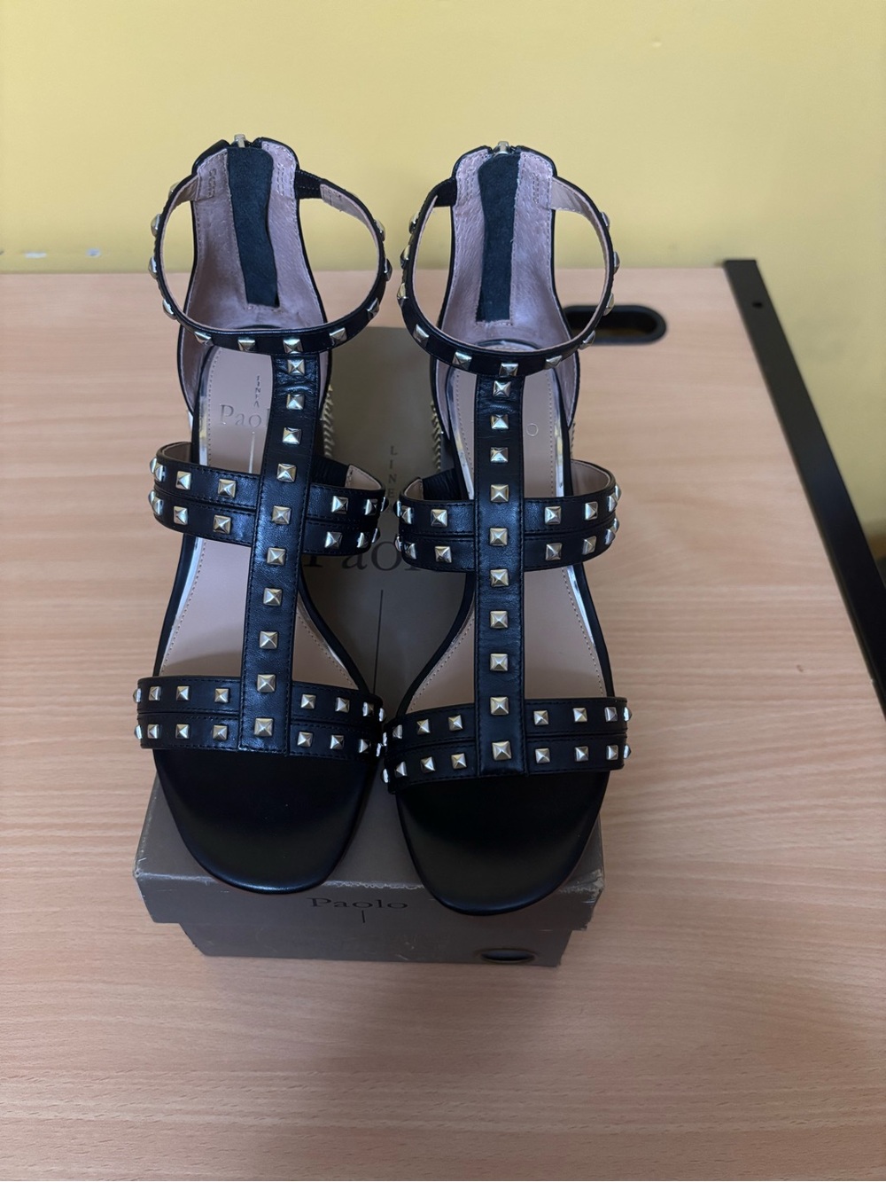 Linea Paolo Black Studded T-Strap Heels with Silver Accents